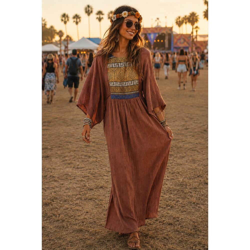 70s Vintage Angel Sleeve Maxi Dress Boho Hippie Festival Caftan S M L